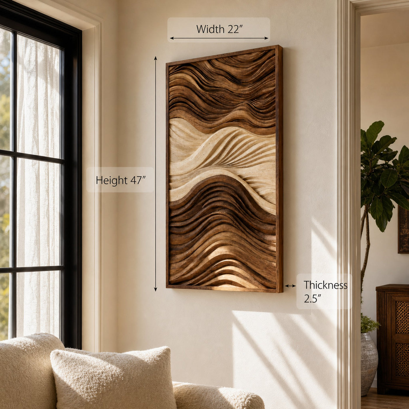 Vertical Sculptural Wall Art With Wave Carved Design For Entryway - product view 7