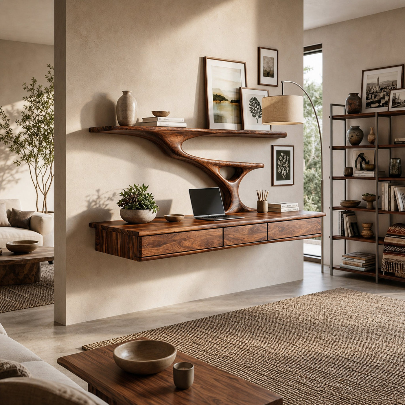 Wall Mounted Wood Desk With Upper Shelves For Home Office