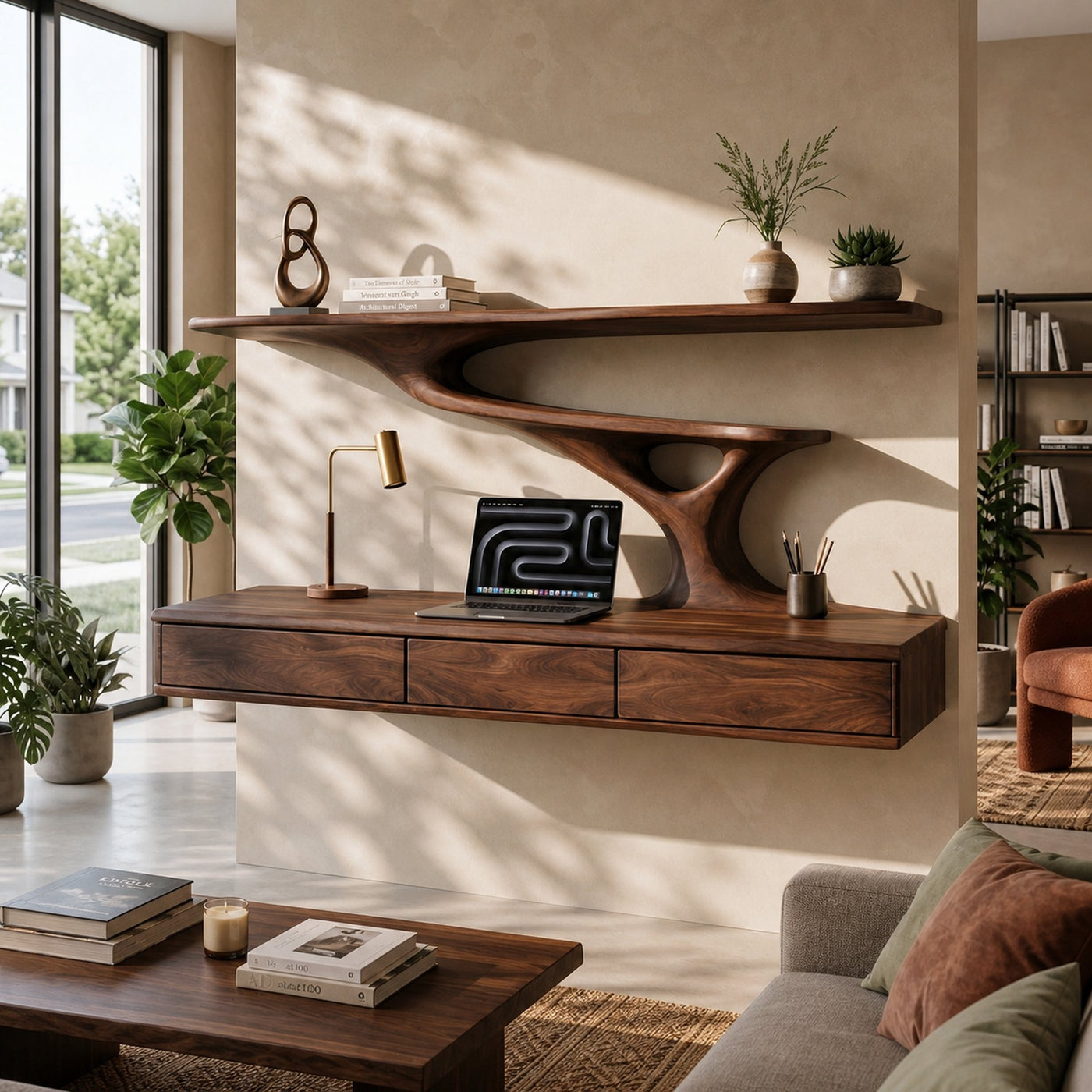 Wall Mounted Wood Desk With Upper Shelves For Home Office - product view 7