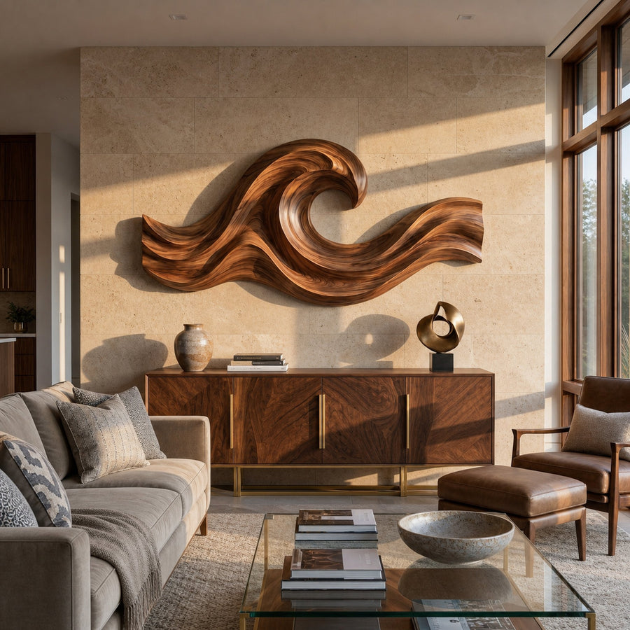 Wave Inspired Wood Wall Art For Luxury Living Room Space