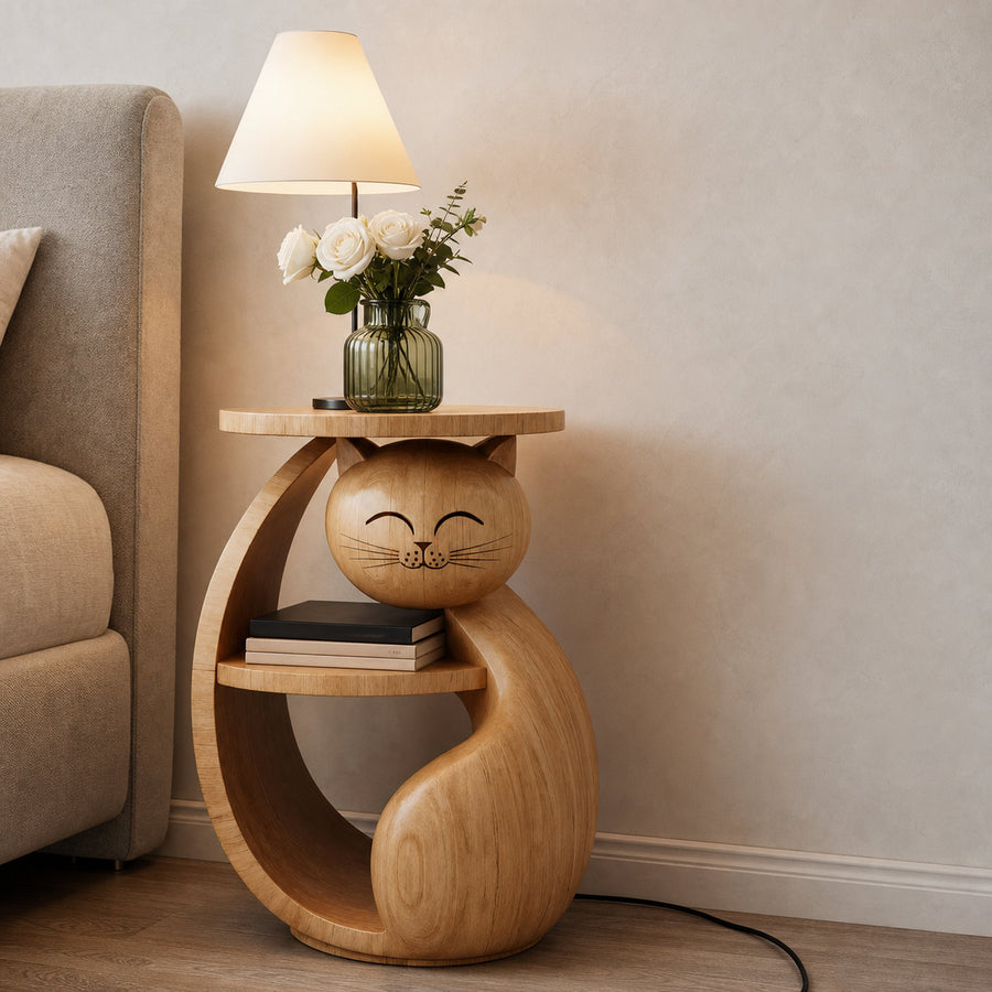 Whimsical Cat Shaped Wooden Side Table For Bedroom