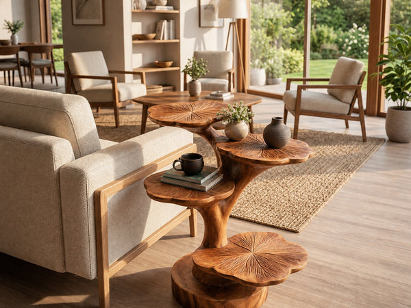 Wooden Accent Table Leaf Inspired Design For Sofa Area