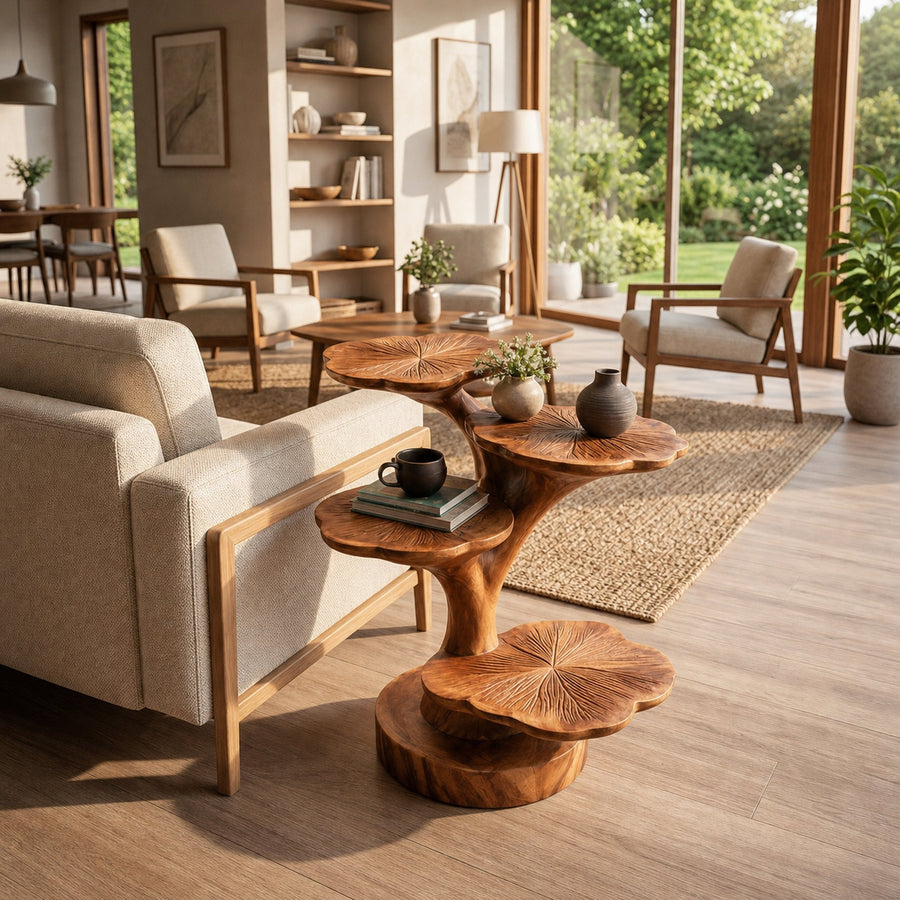 Wooden Accent Table Leaf Inspired Design For Sofa Area