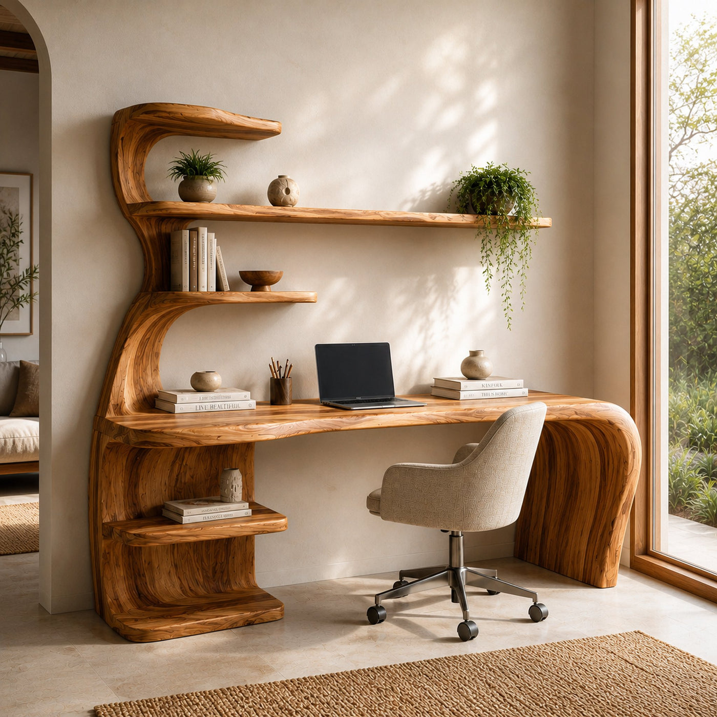 Wooden Desk With Built In Bookcase For Contemporary Workspace