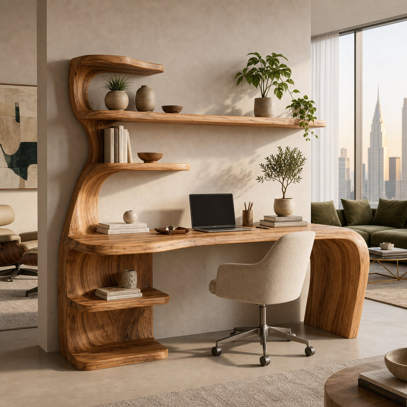 Wooden Desk With Built In Bookcase For Contemporary Workspace - product view 6