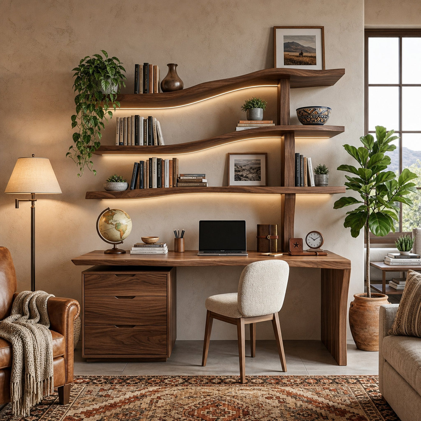 Wooden Desk With Curved Bookshelves And Drawers For Luxury Workspace