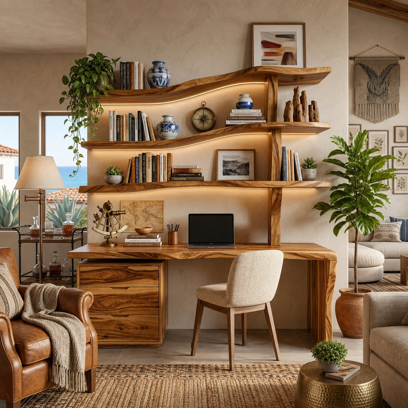 Wooden Desk With Curved Bookshelves And Drawers For Luxury Workspace - product view 6