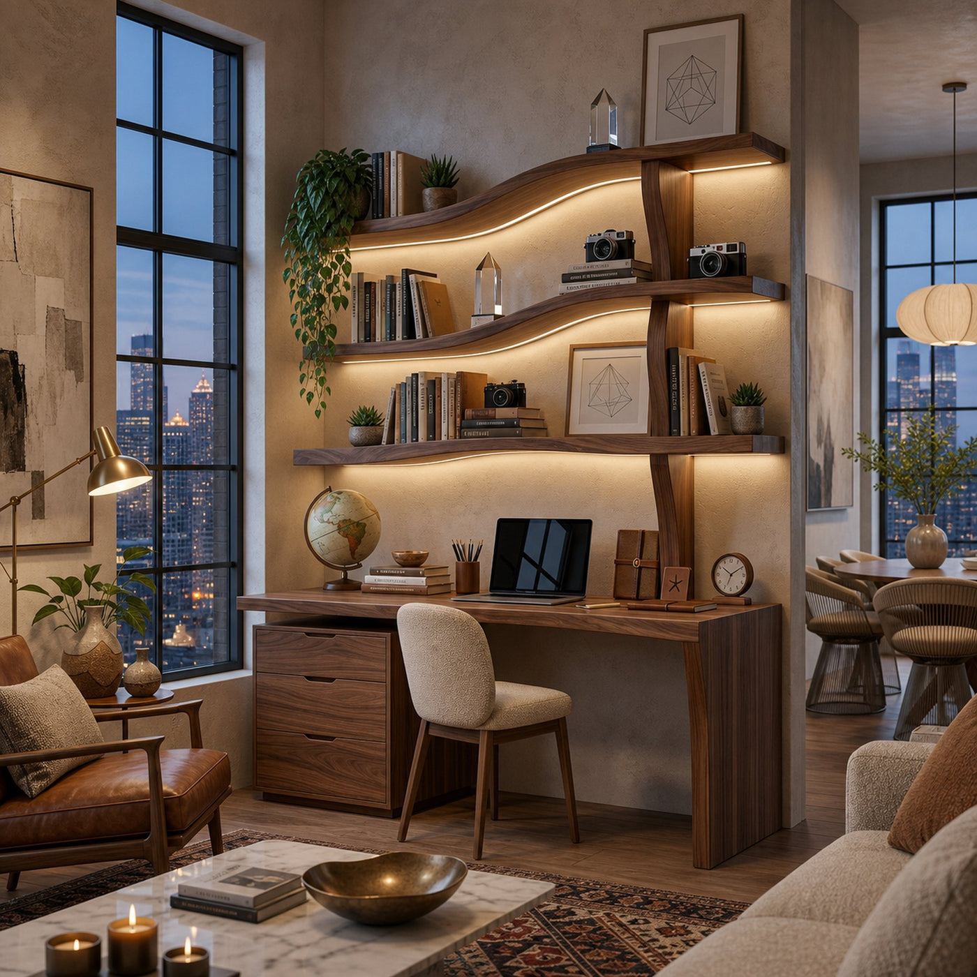 Wooden Desk With Curved Bookshelves And Drawers For Luxury Workspace - product view 7
