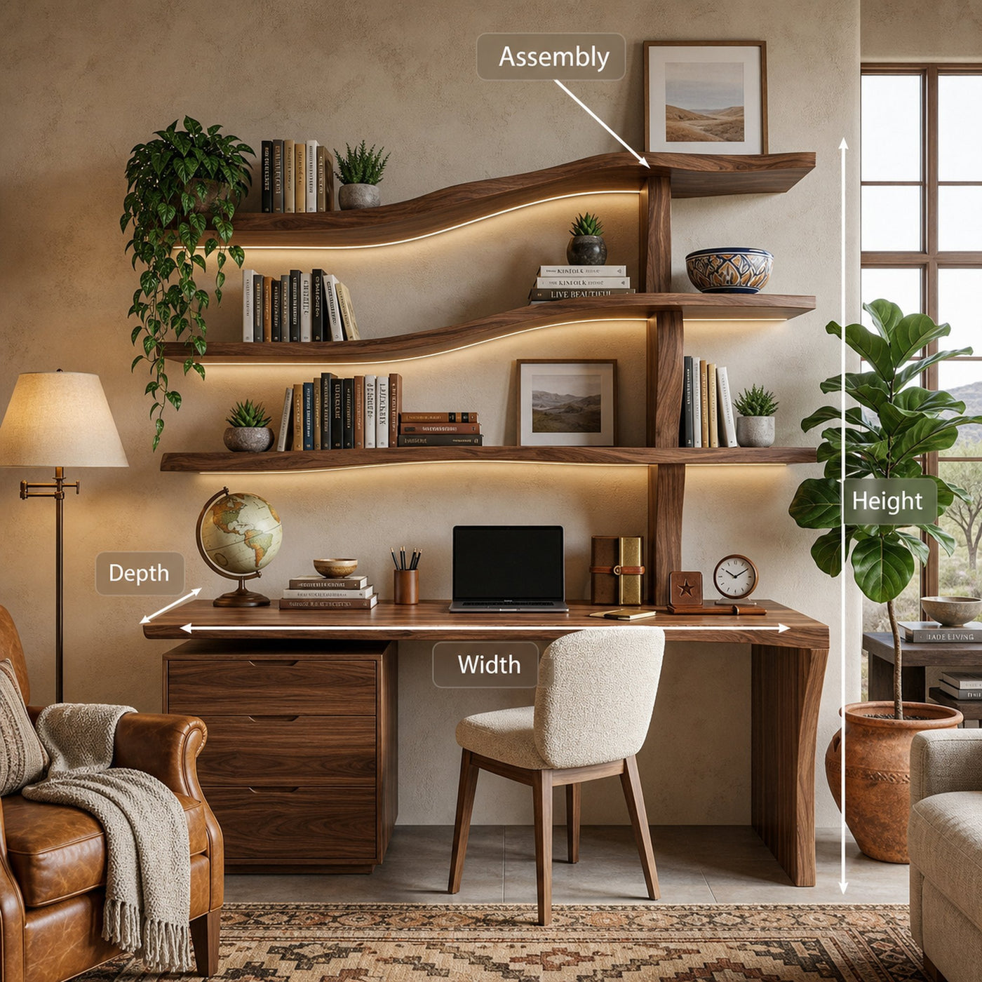 Wooden Desk With Curved Bookshelves And Drawers For Luxury Workspace - product view 8