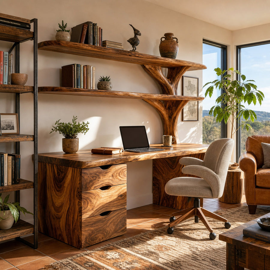 Wooden Desk With Integrated Shelving And Drawer For Contemporary Office