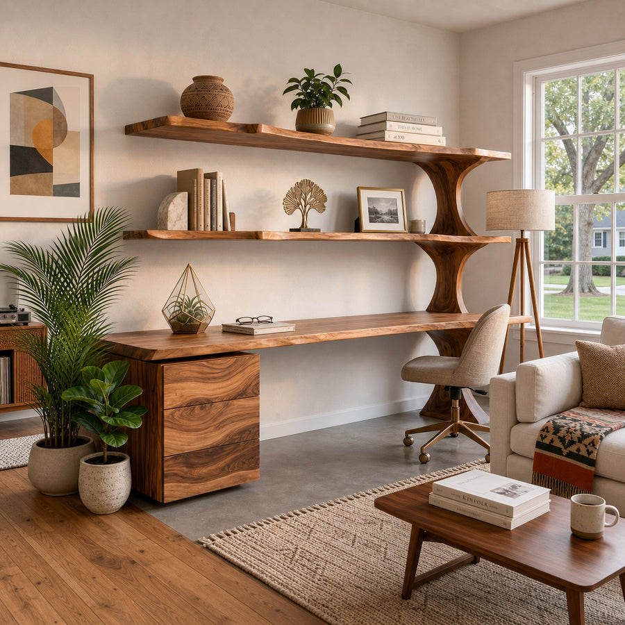 Wooden Desk With Open Bookcase And Drawers For Modern Workspace