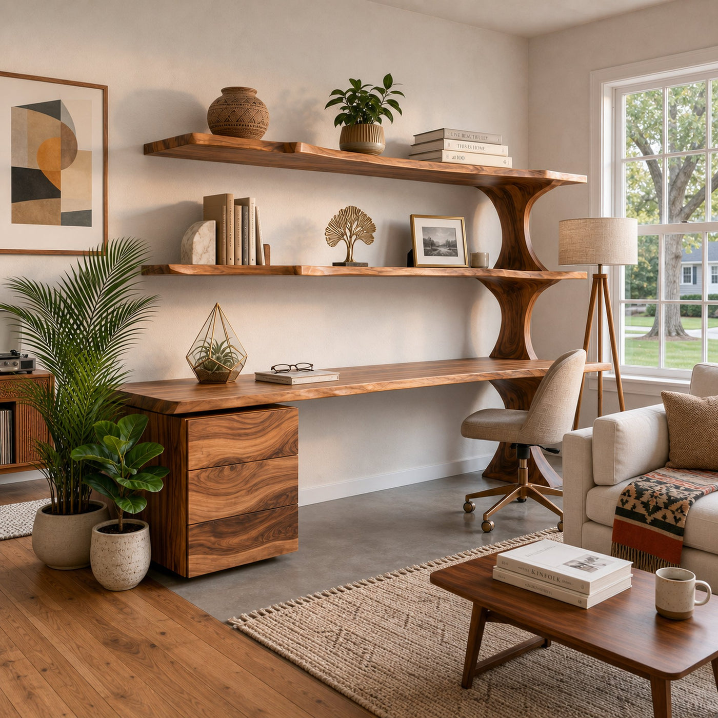 Wooden Desk With Open Bookcase And Drawers For Modern Workspace