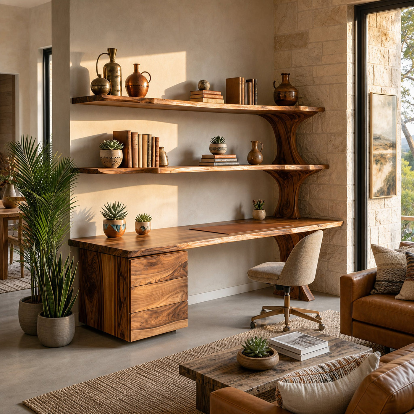 Wooden Desk With Open Bookcase And Drawers For Modern Workspace - product view 6