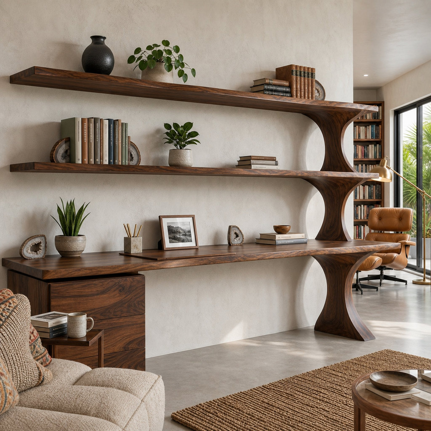 Wooden Desk With Open Bookcase And Drawers For Modern Workspace - product view 7