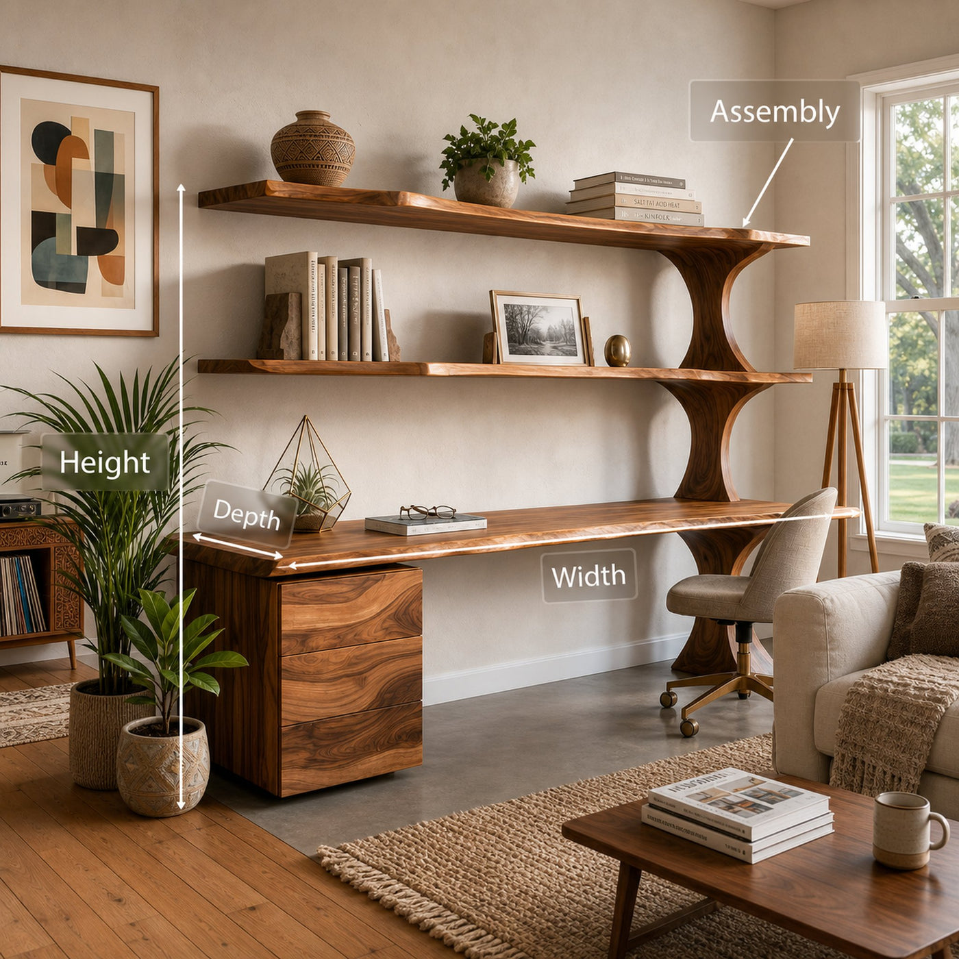 Wooden Desk With Open Bookcase And Drawers For Modern Workspace - product view 8