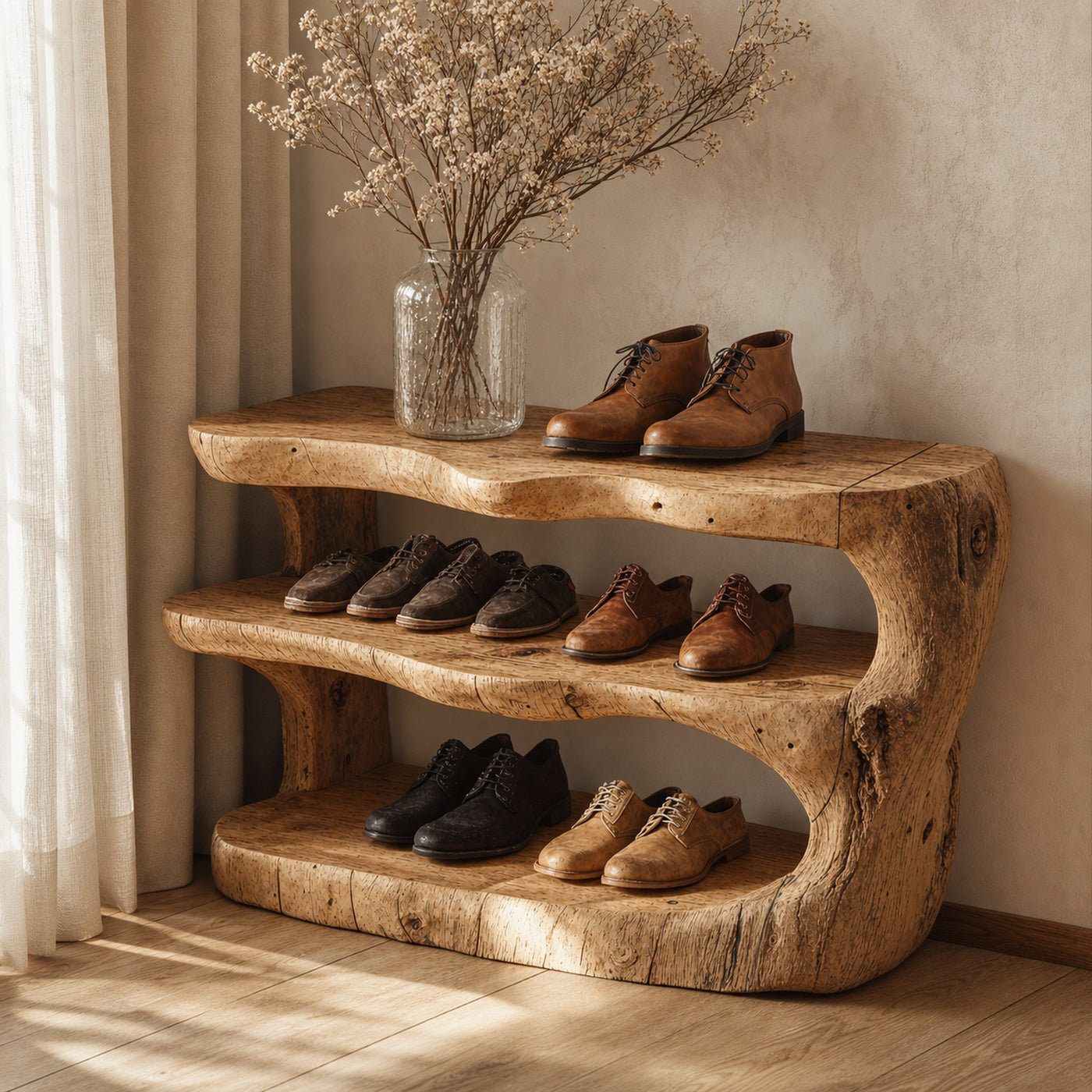 Wooden Entryway Shoe Bench With Shelves For Storage