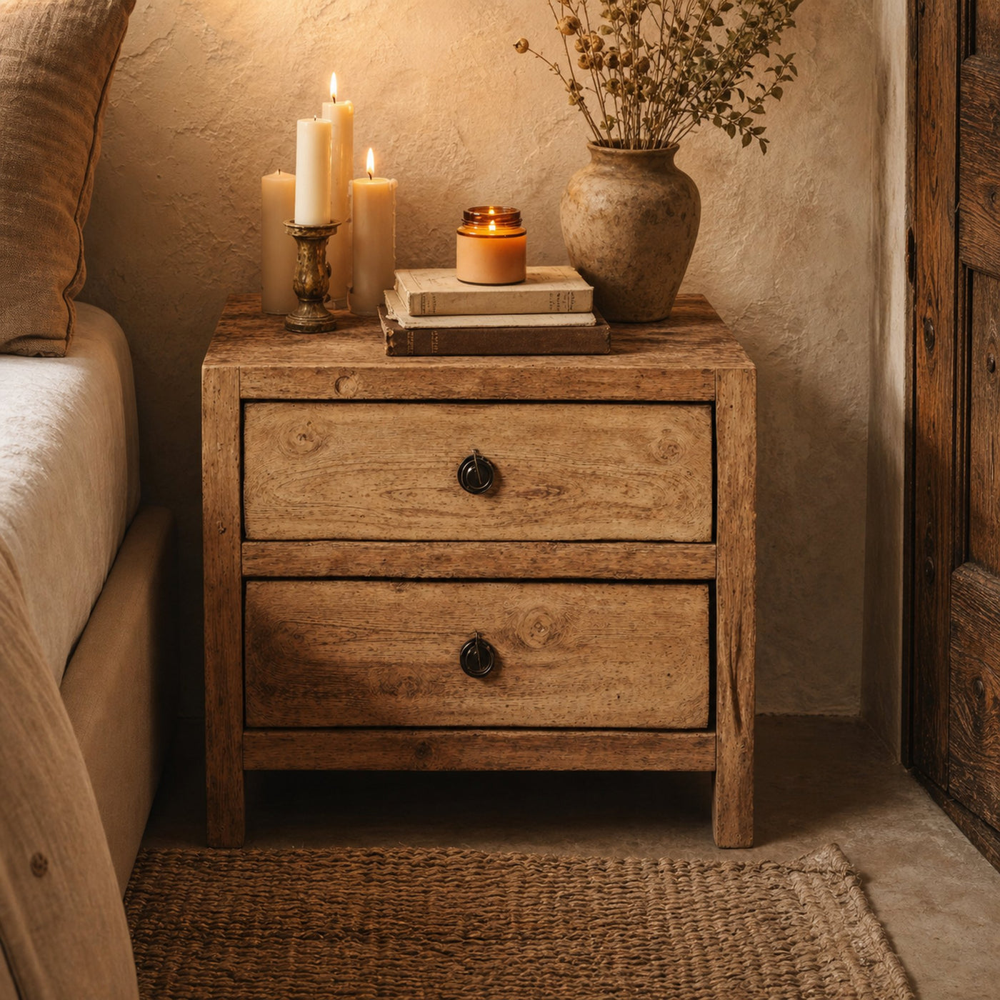 Wooden Farmhouse Nightstand With 2 Drawers