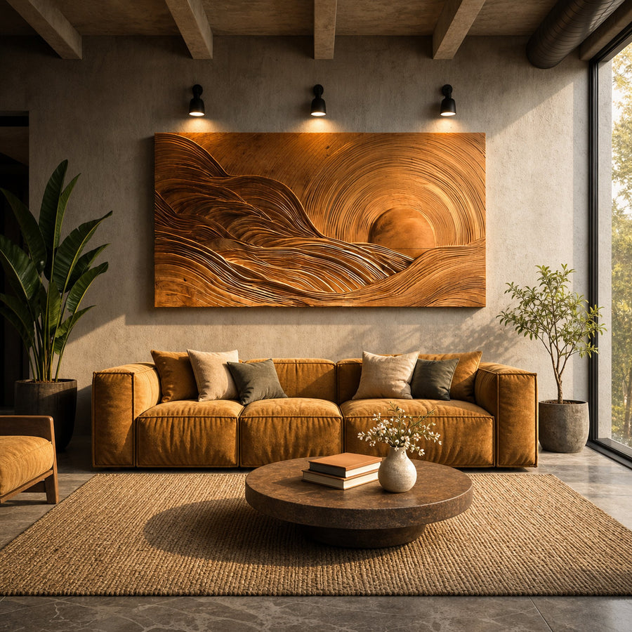 Wooden Mountain Sun Landscape Wall Art For Contemporary Interior