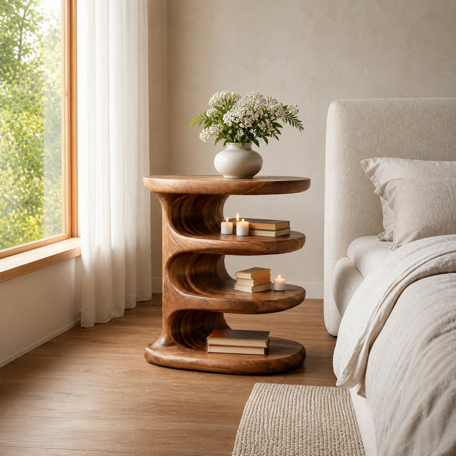 Wooden Nightstand Multi Layer Design For Modern Bedroom