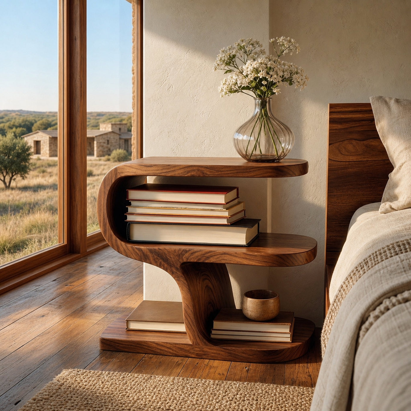 Wooden Nightstand With Sculptural Tier For Cozy Bedroom