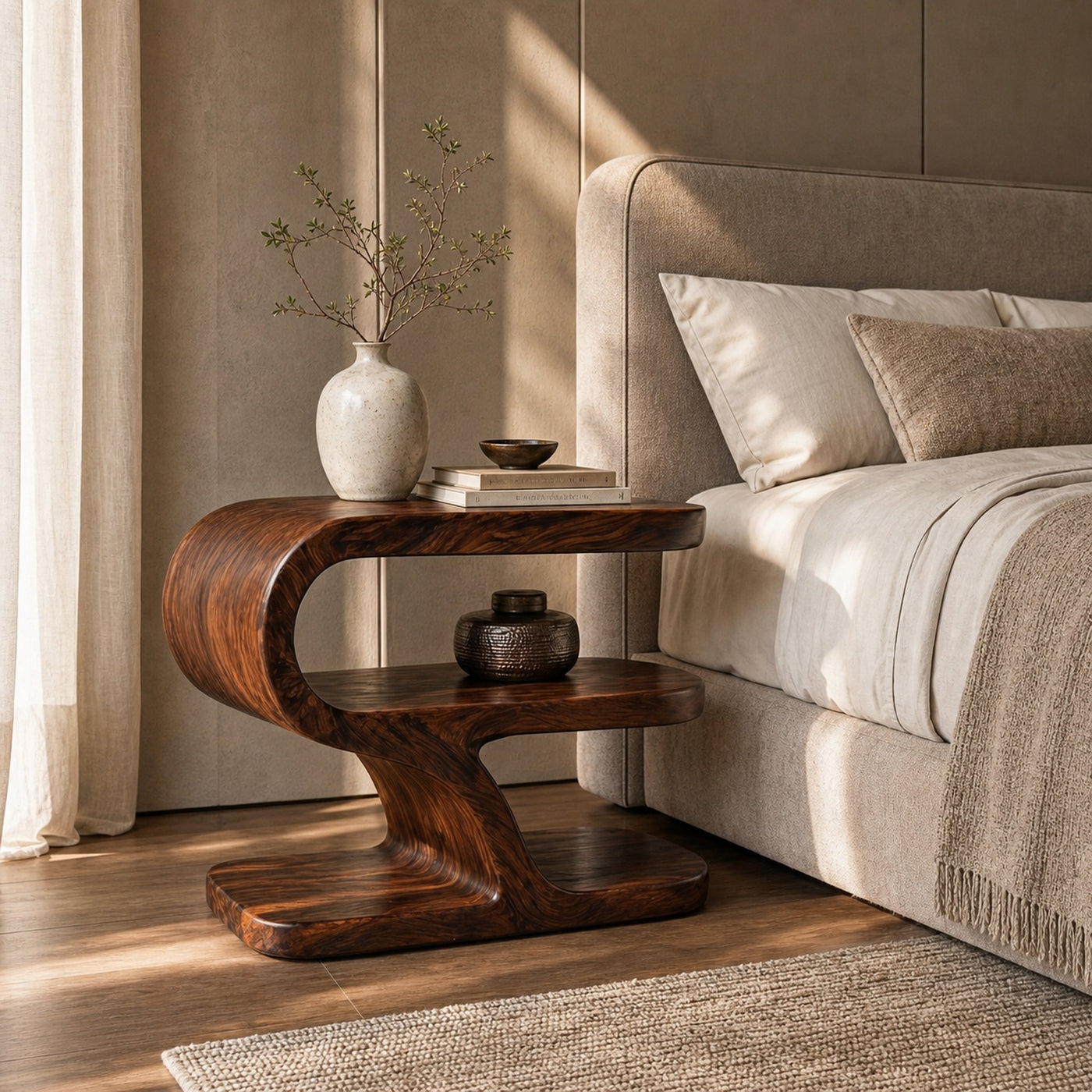 Wooden Nightstand With Sculptural Tier For Cozy Bedroom - product view 7