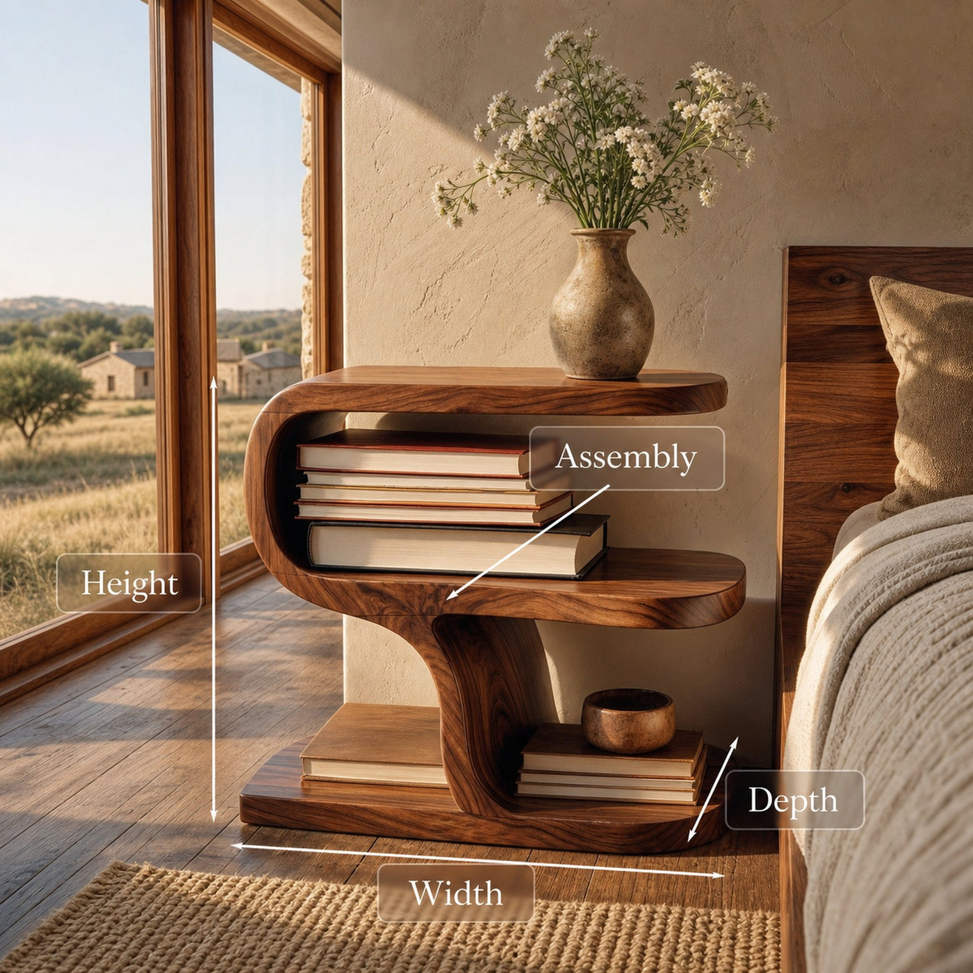 Wooden Nightstand With Sculptural Tier For Cozy Bedroom - product view 8