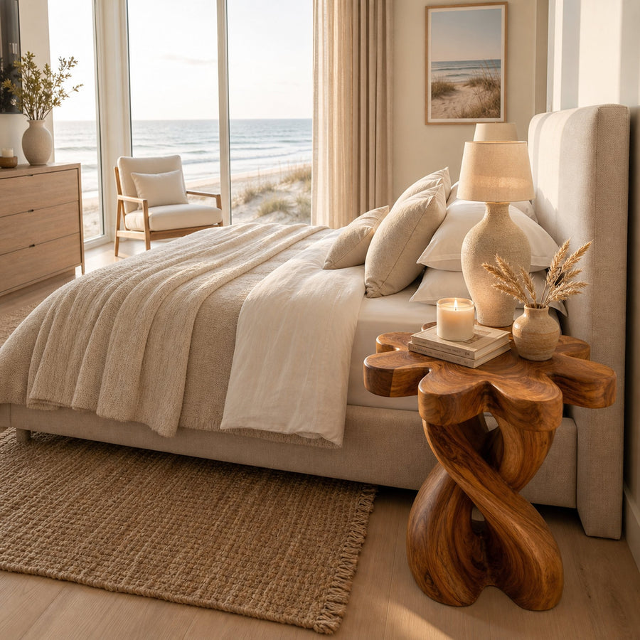 Wooden Nightstand With Twisted Base And Flower-shaped Tabletop For Bedroom