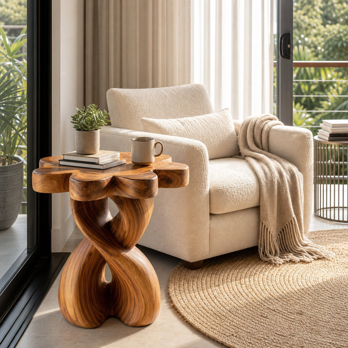 Wooden Nightstand With Twisted Base And Flower-shaped Tabletop For Bedroom - product view 6