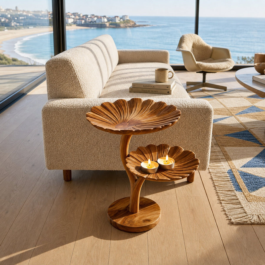 Wooden Side Table With Leaf Shape Top For Living Room