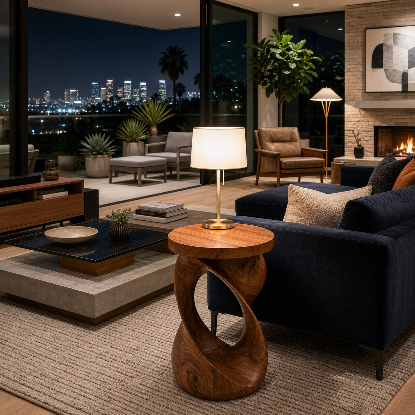 Wooden Side Table With Sculptural Twisted Base For Living Room