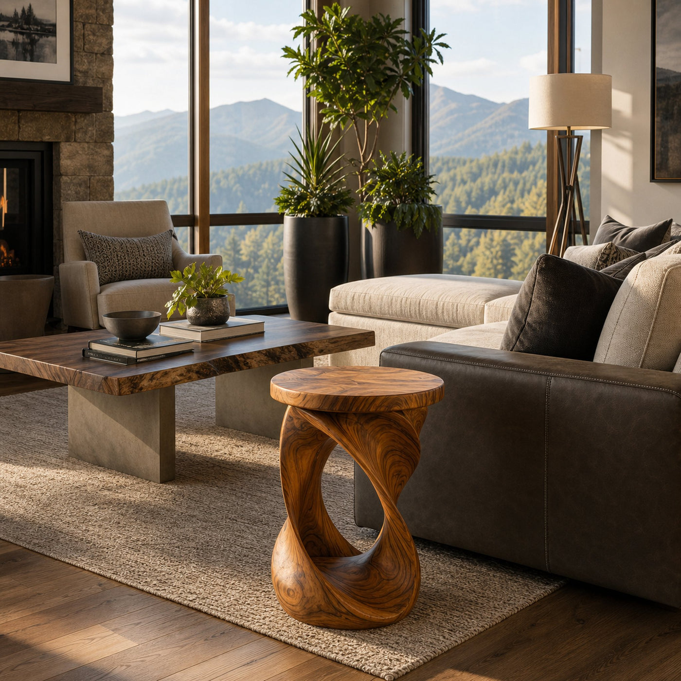 Wooden Side Table With Sculptural Twisted Base For Living Room - product view 6