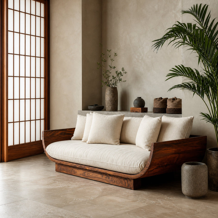 Wooden Sofa With Curved Form For Living Room