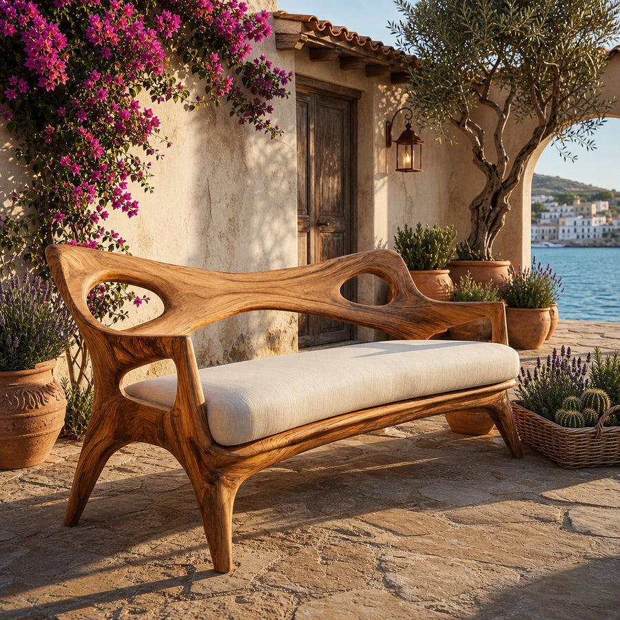 Wooden Sofa With Curved Sculptural Backrest For Living Room