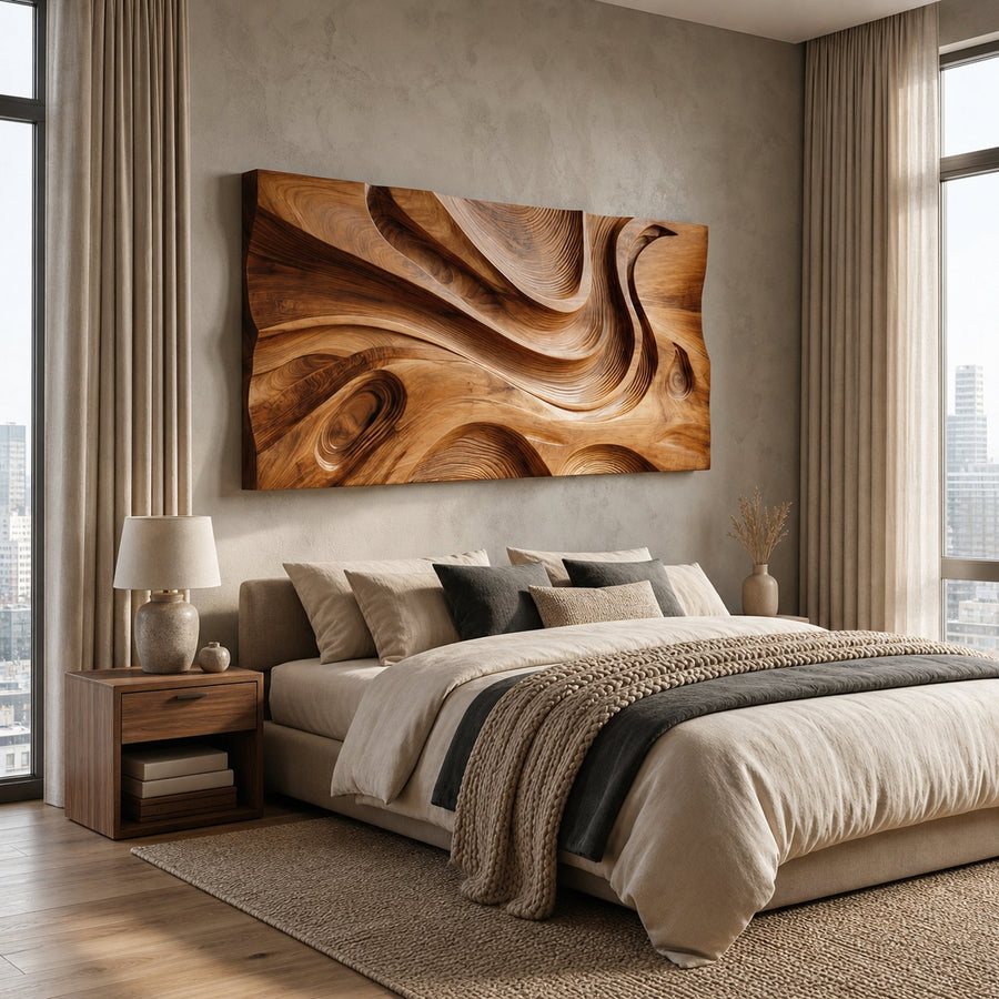 Wooden Wall Art With Hand Carved Wave For Modern Home