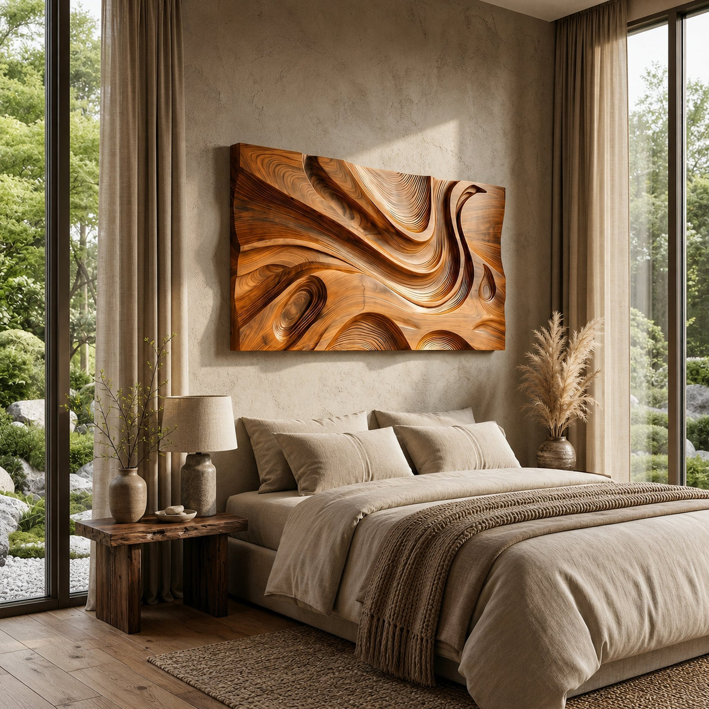 Wooden Wall Art With Hand Carved Wave For Modern Home - product view 6
