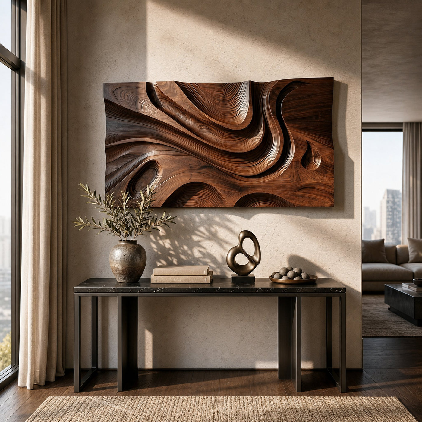 Wooden Wall Art With Hand Carved Wave For Modern Home - product view 7