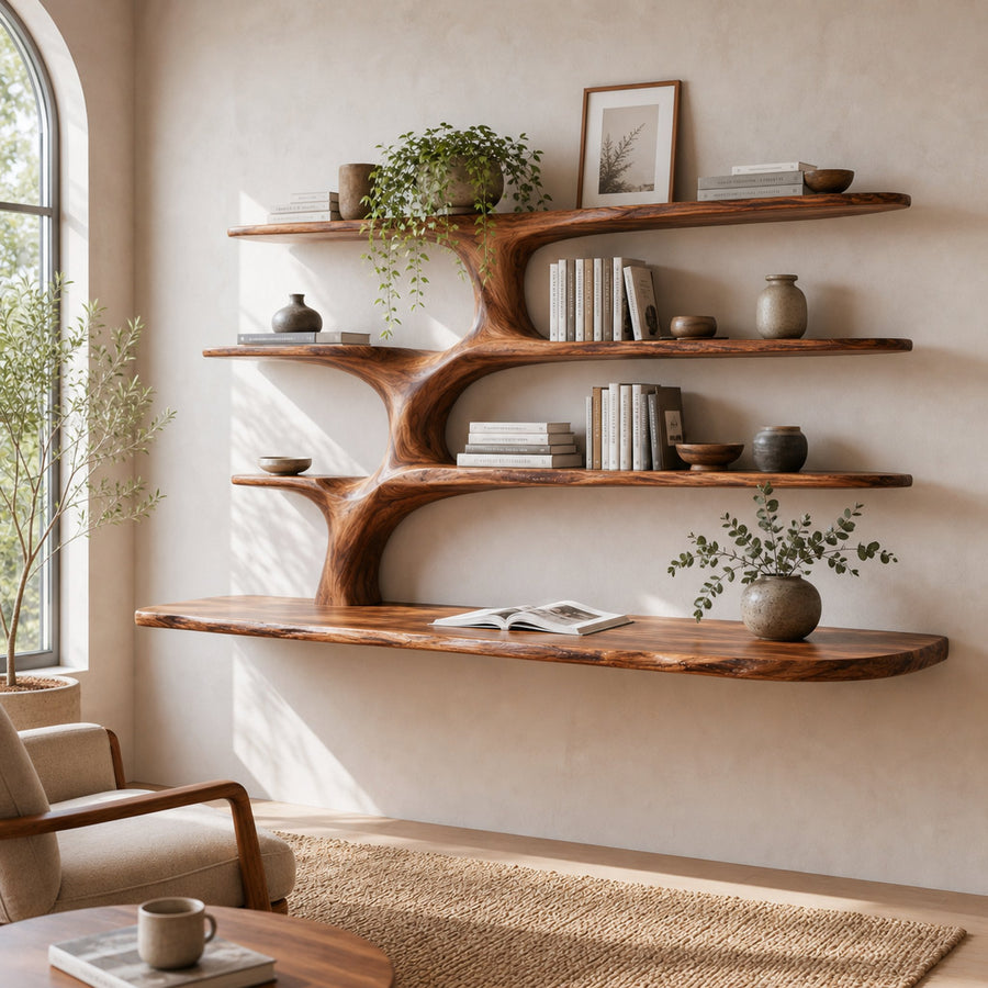 Wooden Wall Mounted Desk With Multi Shelves For Study Room