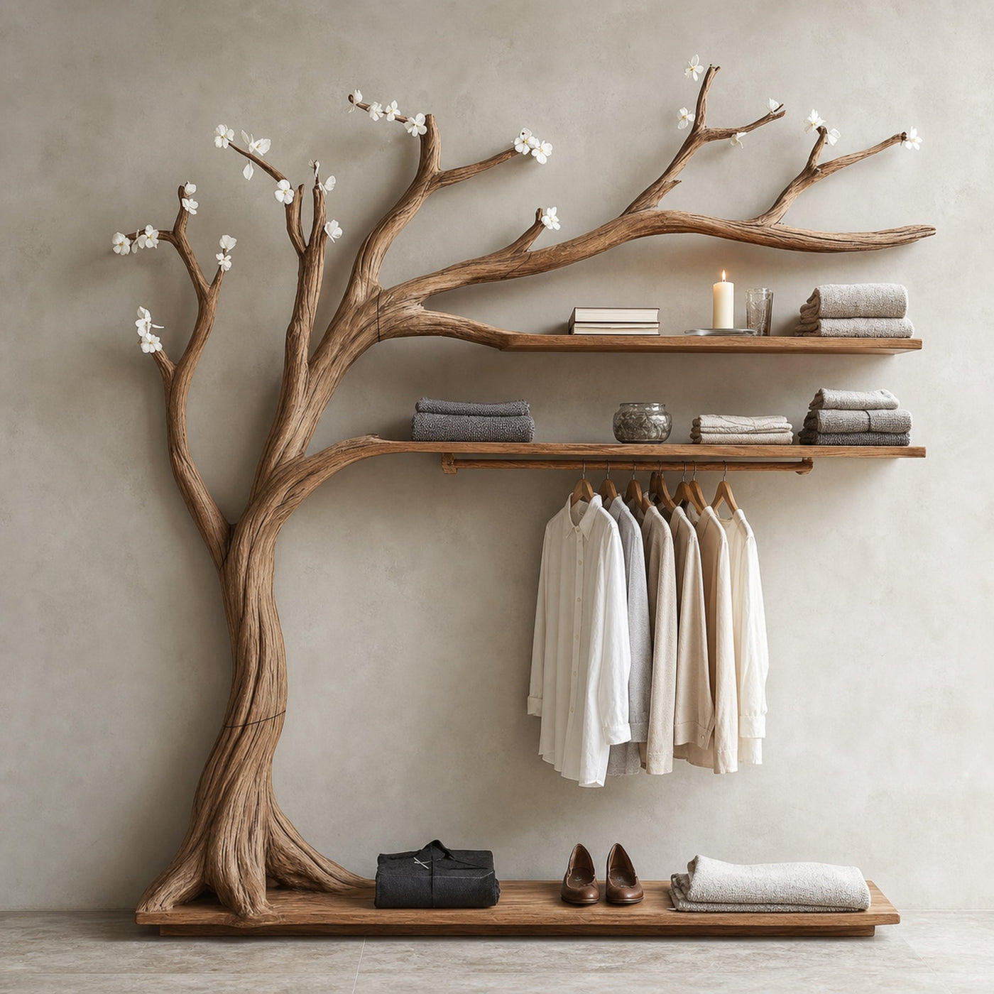 Wooden Wall Mounted Shelf Tree Branch Hanger Clothes