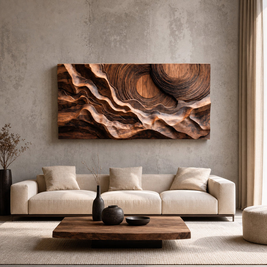 Abstract Sculptural Wood Wall Art With Carved Landscape For Interior