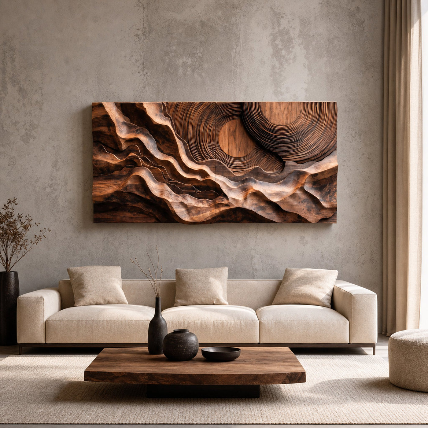 Abstract Sculptural Wood Wall Art With Carved Landscape For Interior
