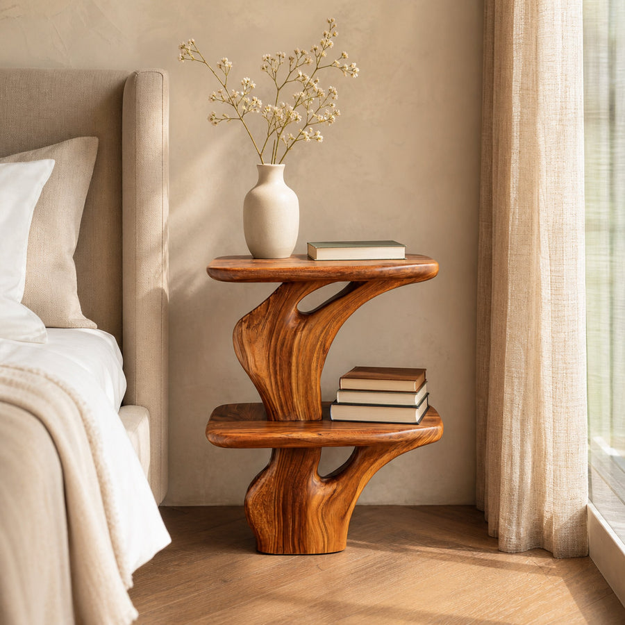 Handcrafted Wooden Nightstand Unique Two Tier Design For Bedroom