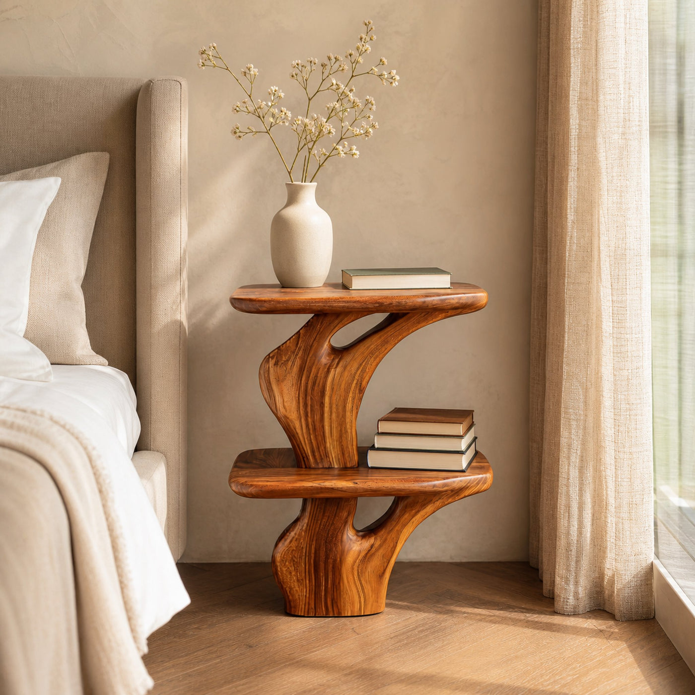 Handcrafted Wooden Nightstand Unique Two Tier Design For Bedroom