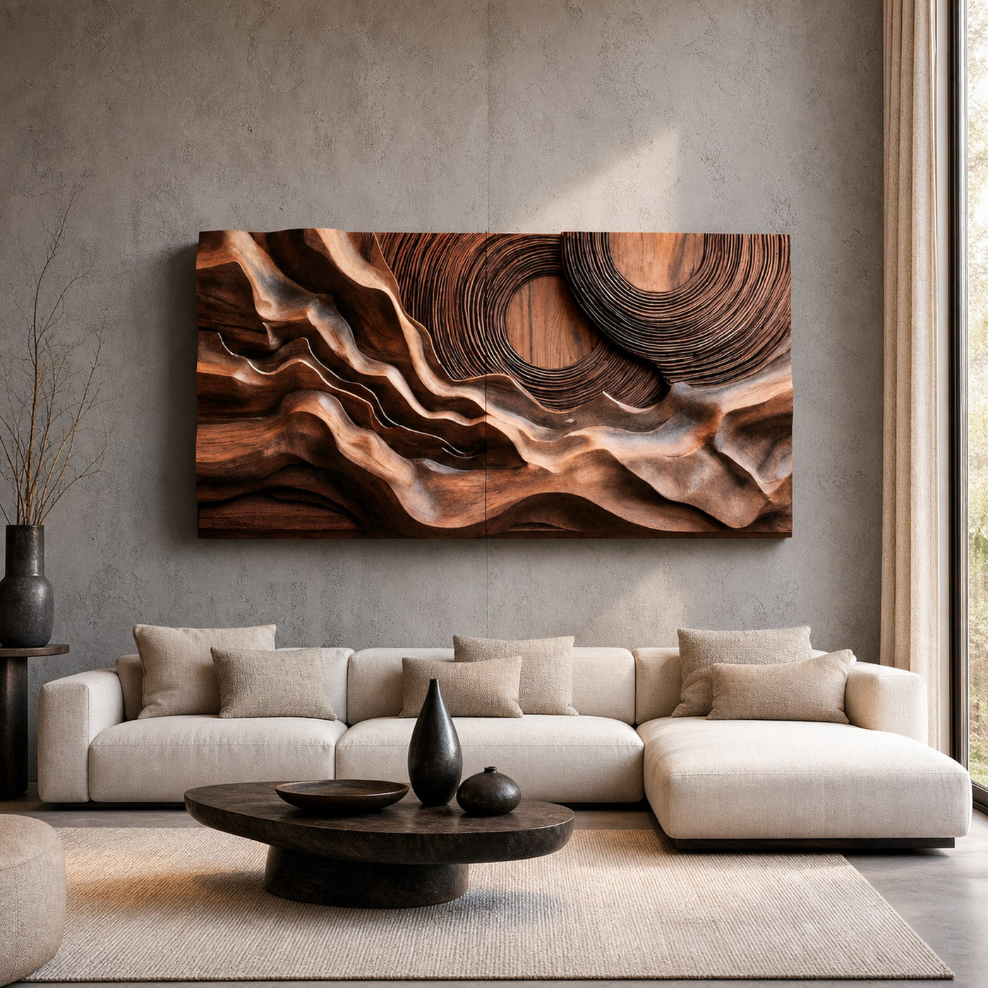 Layered Wave Wall Sculpture With Abstract Circles For Living Room