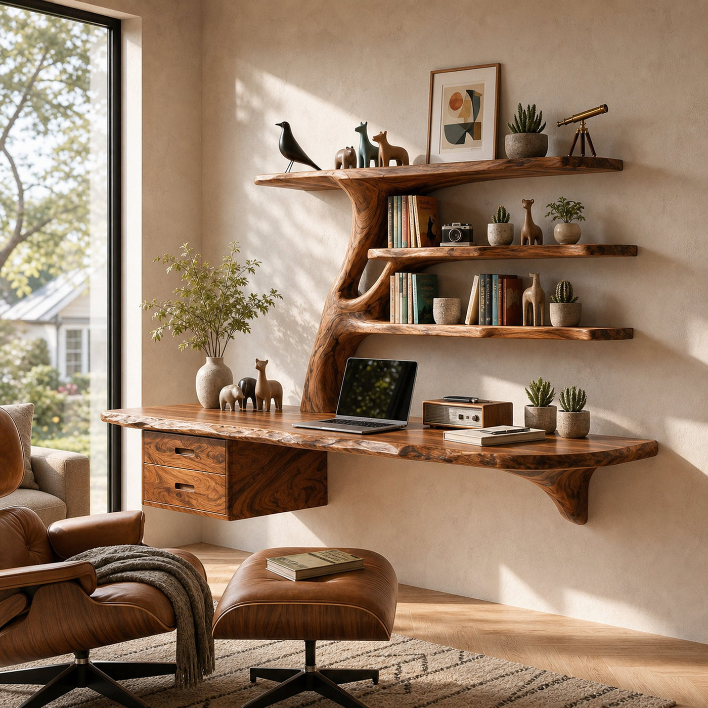 Wood Floating Desk With Multi Level Organic Shelves For Office