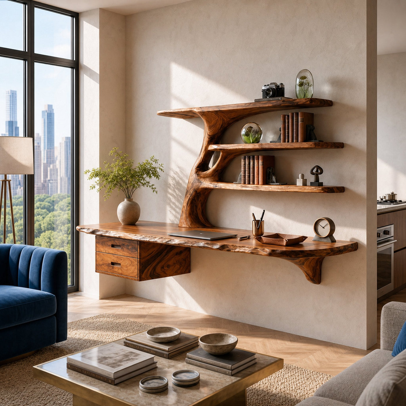 Wood Floating Desk With Multi Level Organic Shelves For Office - product view 6