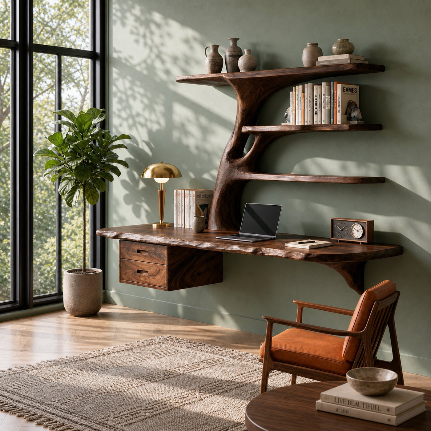 Wood Floating Desk With Multi Level Organic Shelves For Office - product view 7