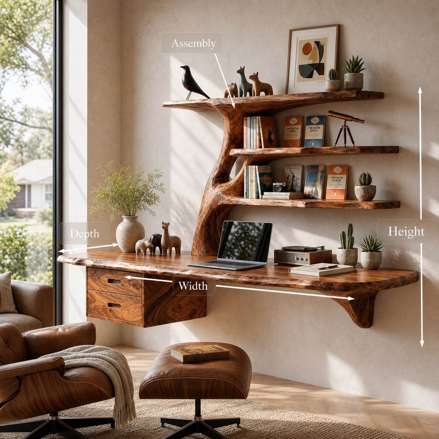 Wood Floating Desk With Multi Level Organic Shelves For Office - product view 8