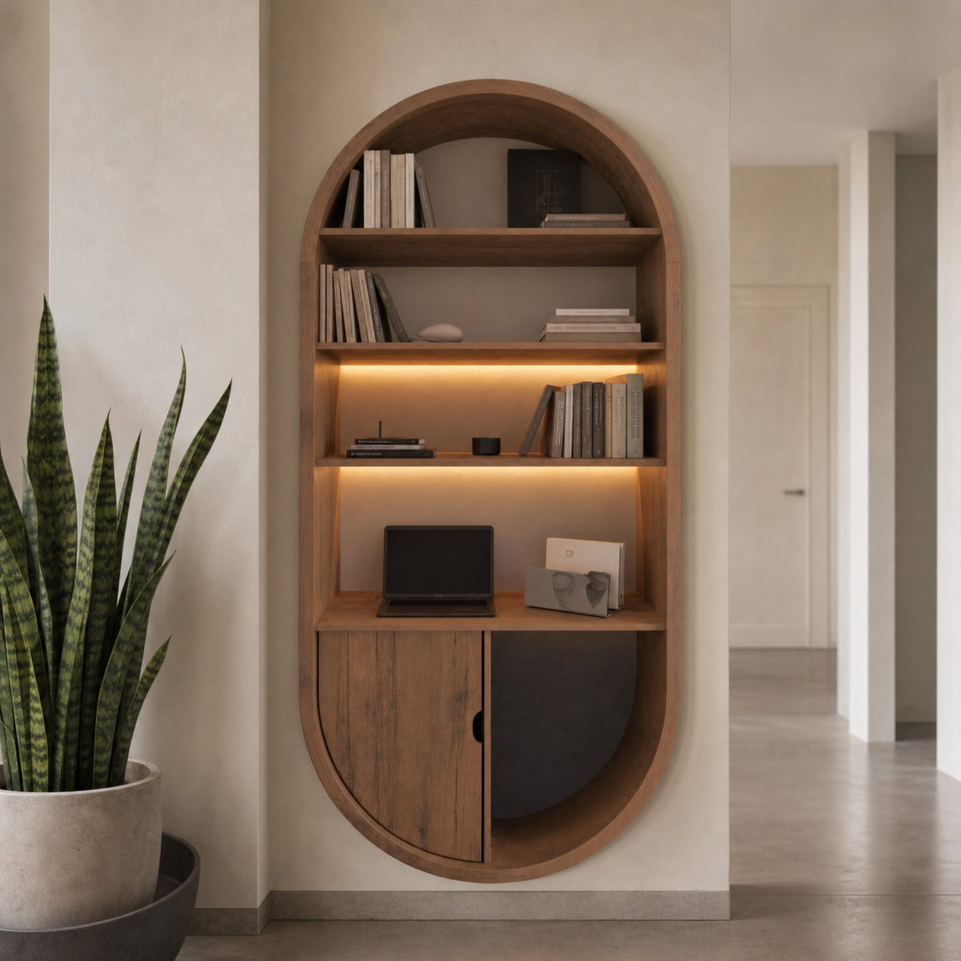 Arched Wooden Wall Bookshelf With Storage For Living Room