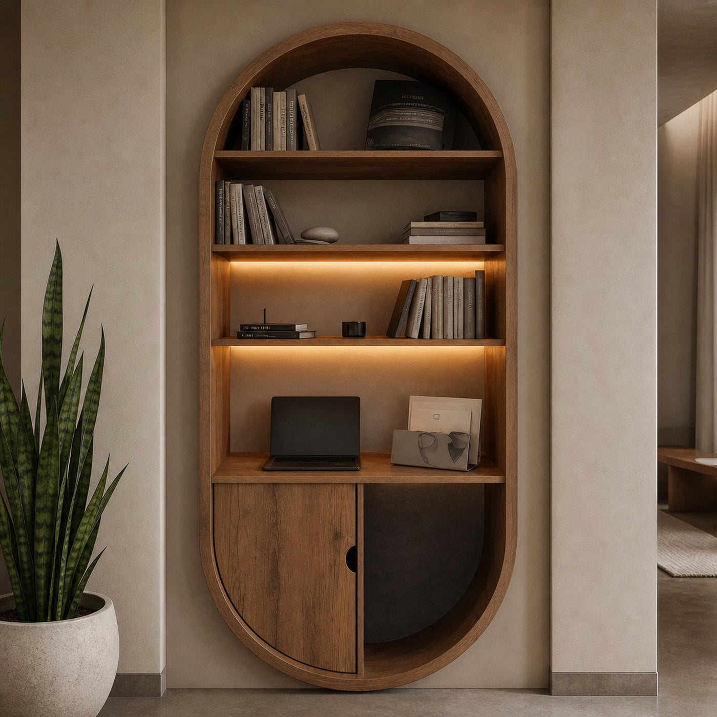 Arched Wooden Wall Bookshelf With Storage For Living Room - product view 2