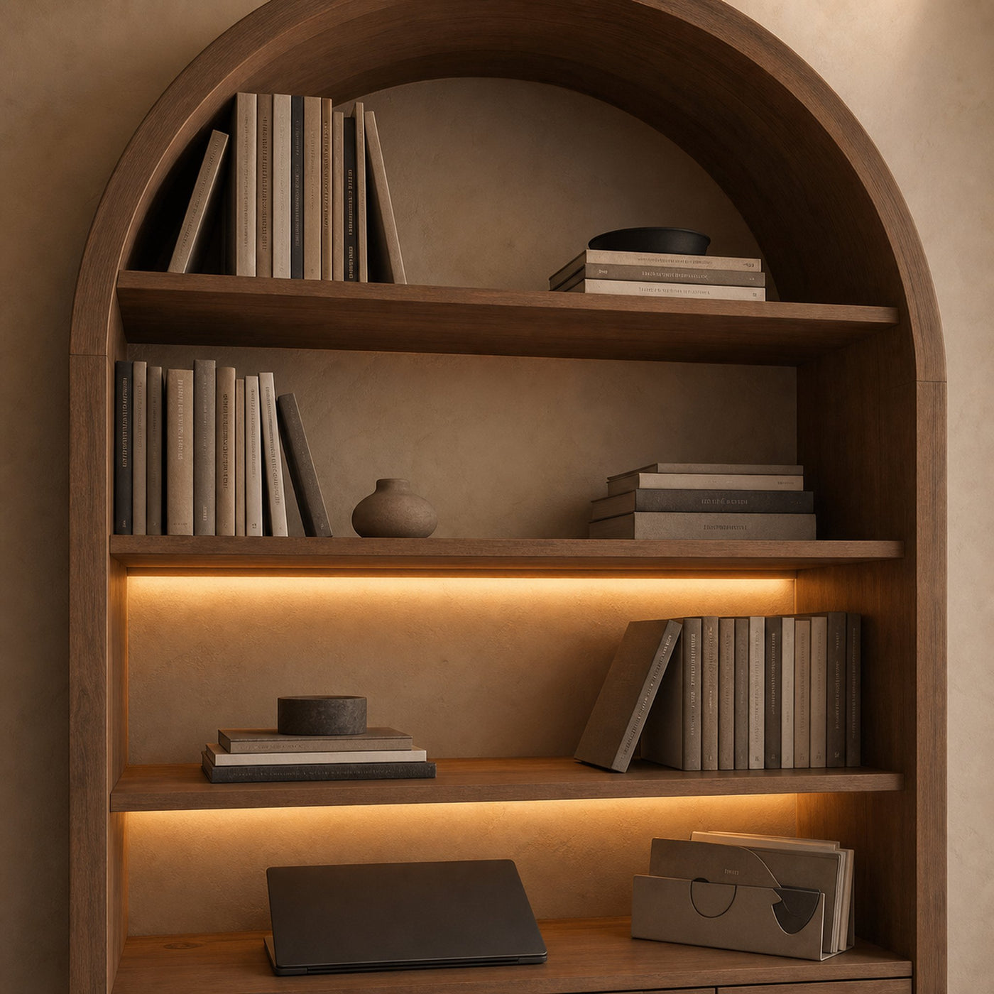 Arched Wooden Wall Bookshelf With Storage For Living Room - product view 3
